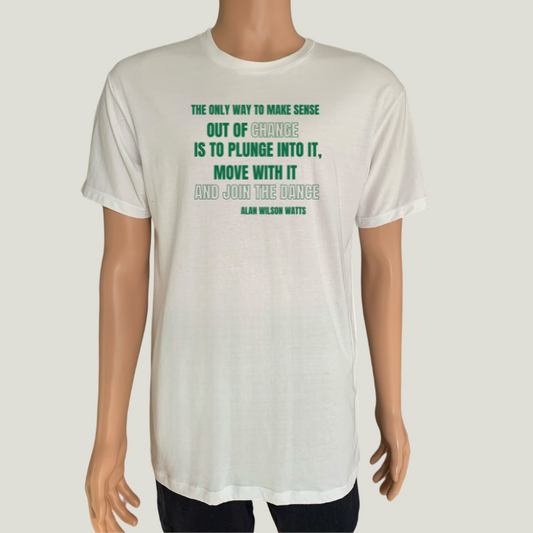 White organic cotton t-shirt with green quote